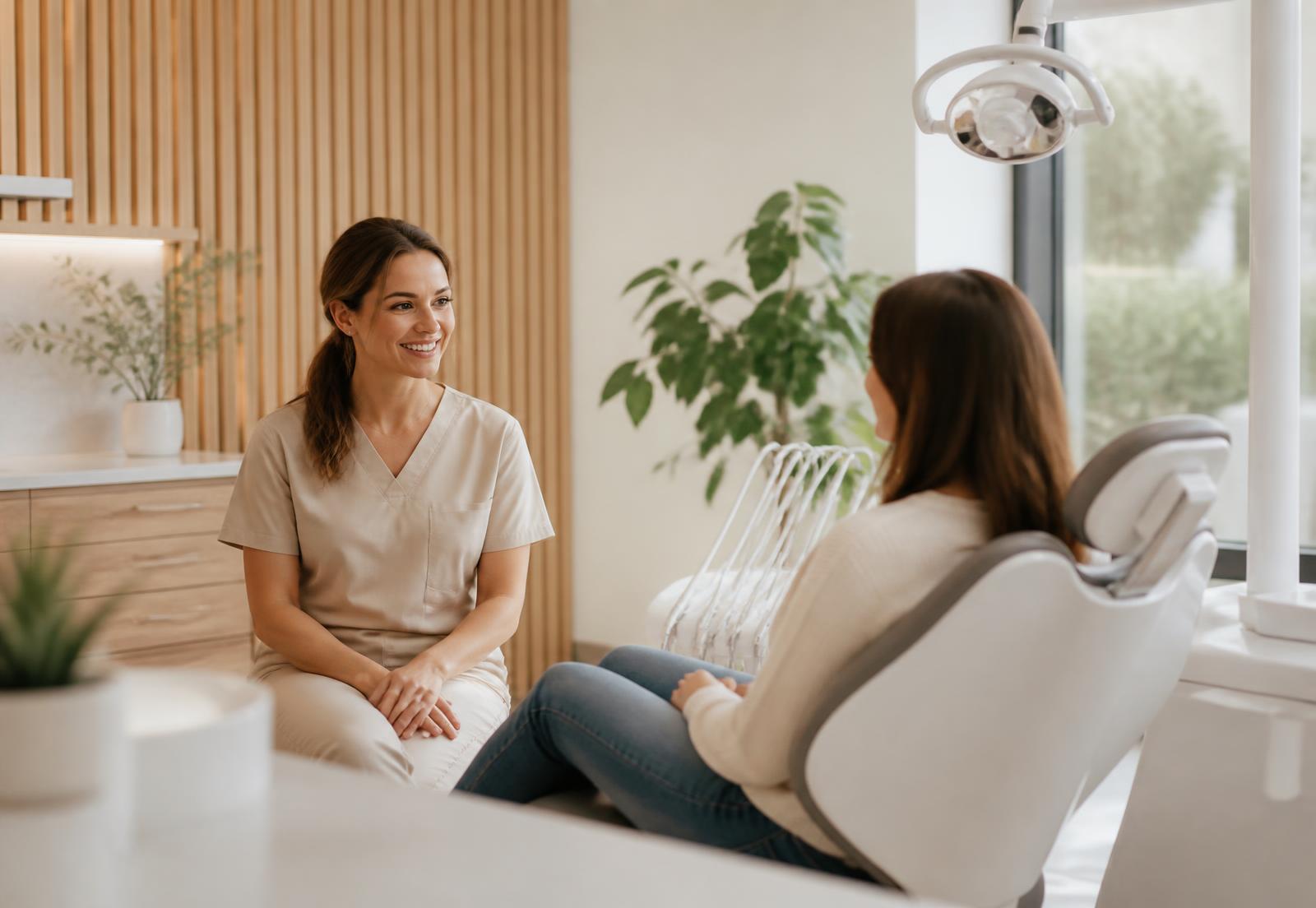 A dentist at Oakwell Dental Studio talking with a patient in a bright treatment room